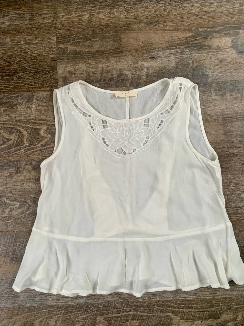 Elodie Women’s  Off- White Sleeveless Lace Yoke Peplum Sheer Blouse